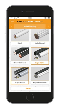 Mehrere Auswahlmöglichkeiten für Kabelführungs-Systeme bei der OBO Construct App