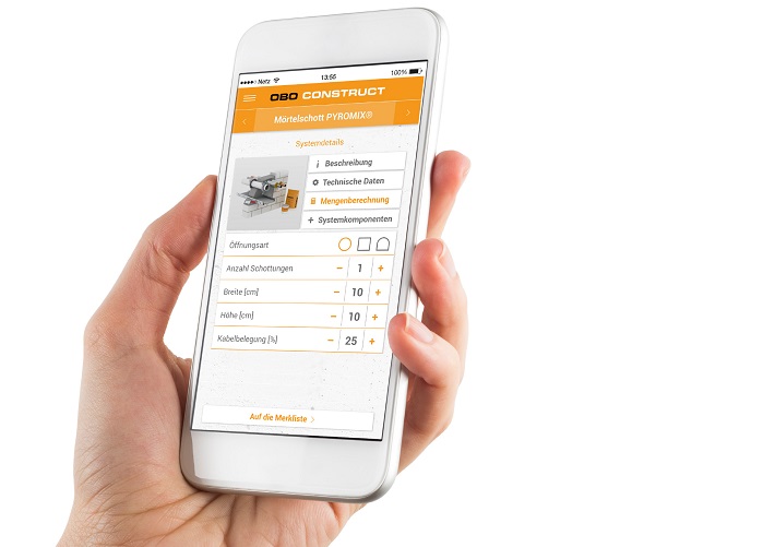 Handy mit der OBO Construct App in der Hand