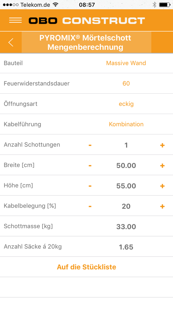 Mengenberechnung für Mörtelschott mit der OBO Construct App