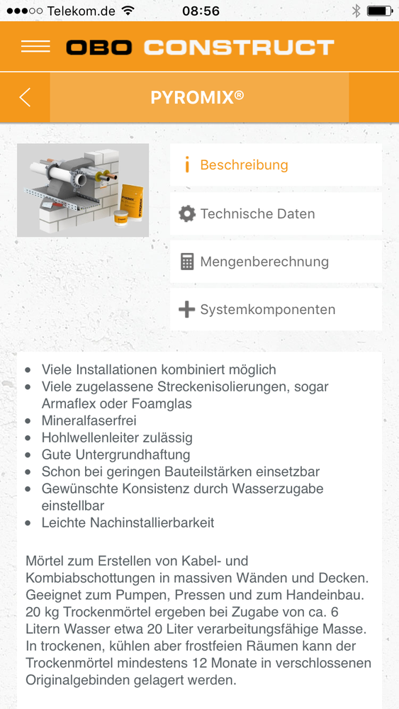 Screenshot der Übersicht für Pyromix aus der OBO Construct App